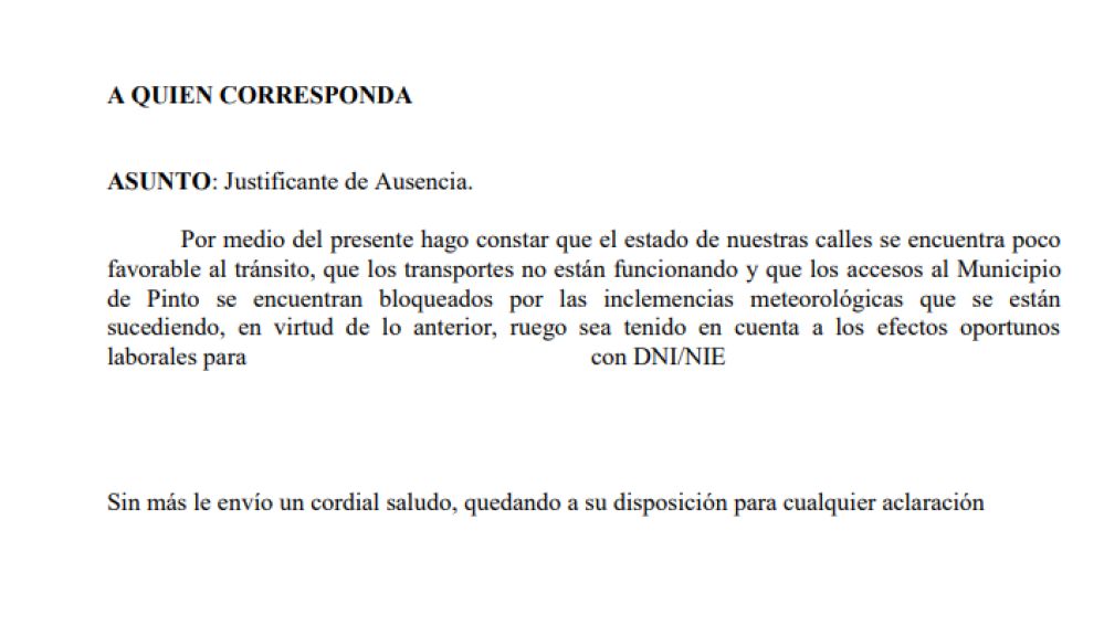 Justificante para no acudir al trabajo por la nieve y el hielo: descarga aquí el documento de varias ciudades de Madrid