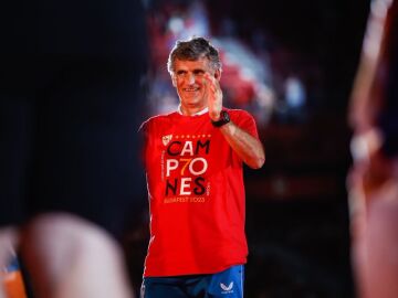 Mendilibar, durante la fiesta de la Europa League